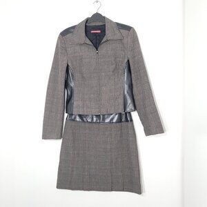 San Francisco Two Piece Plaid Jacket Skirt Suit Set Lined Faux Leather Trim Sz 7